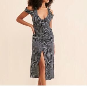 For Love & Lemons Women's Beth Ruched Polka Dot Midi Dress Medium Black White